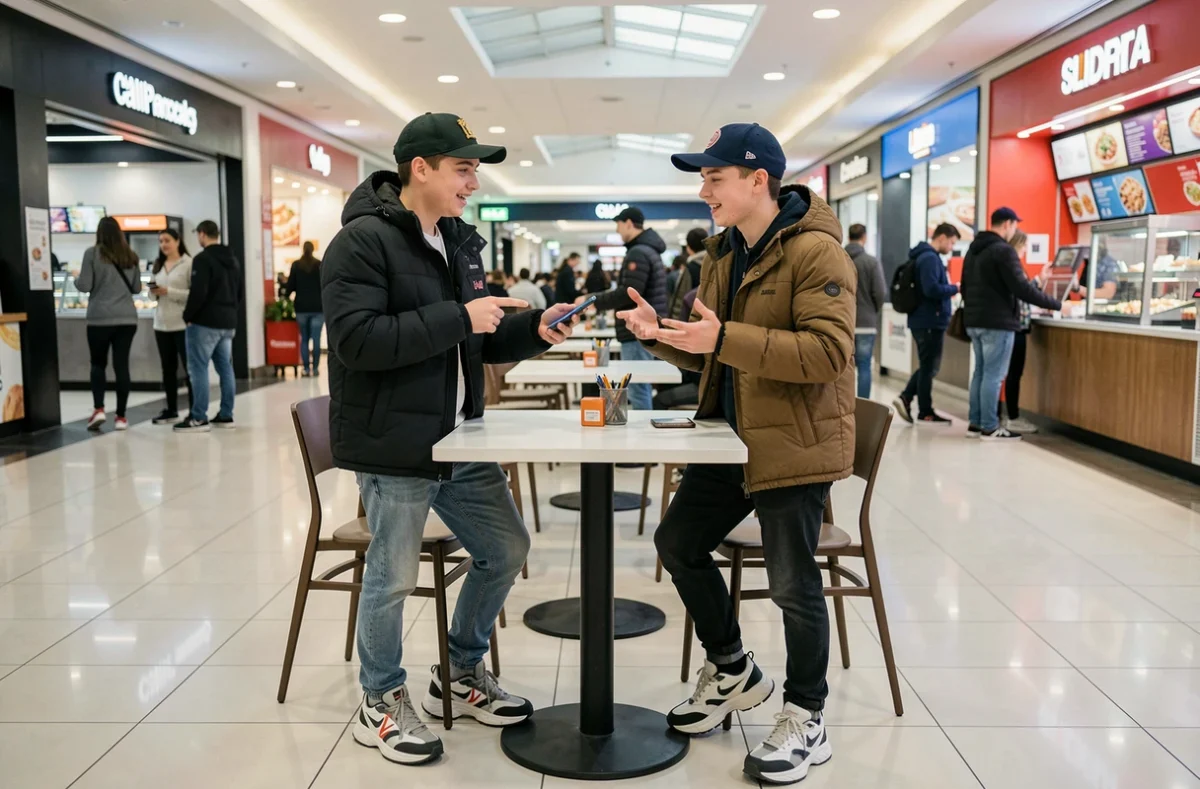Deux jeunes garçons en tenue streetwear discutant avec animation autour d'un téléphone dans un centre commercial, représentant les échanges et le vocabulaire des jeunes générations en 2026