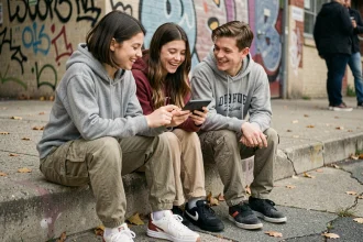 Groupe de jeunes adolescents en tenue streetwear qui partagent un smartphone devant un lycée urbain, illustrant le langage des jeunes et les codes de communication en 2026
