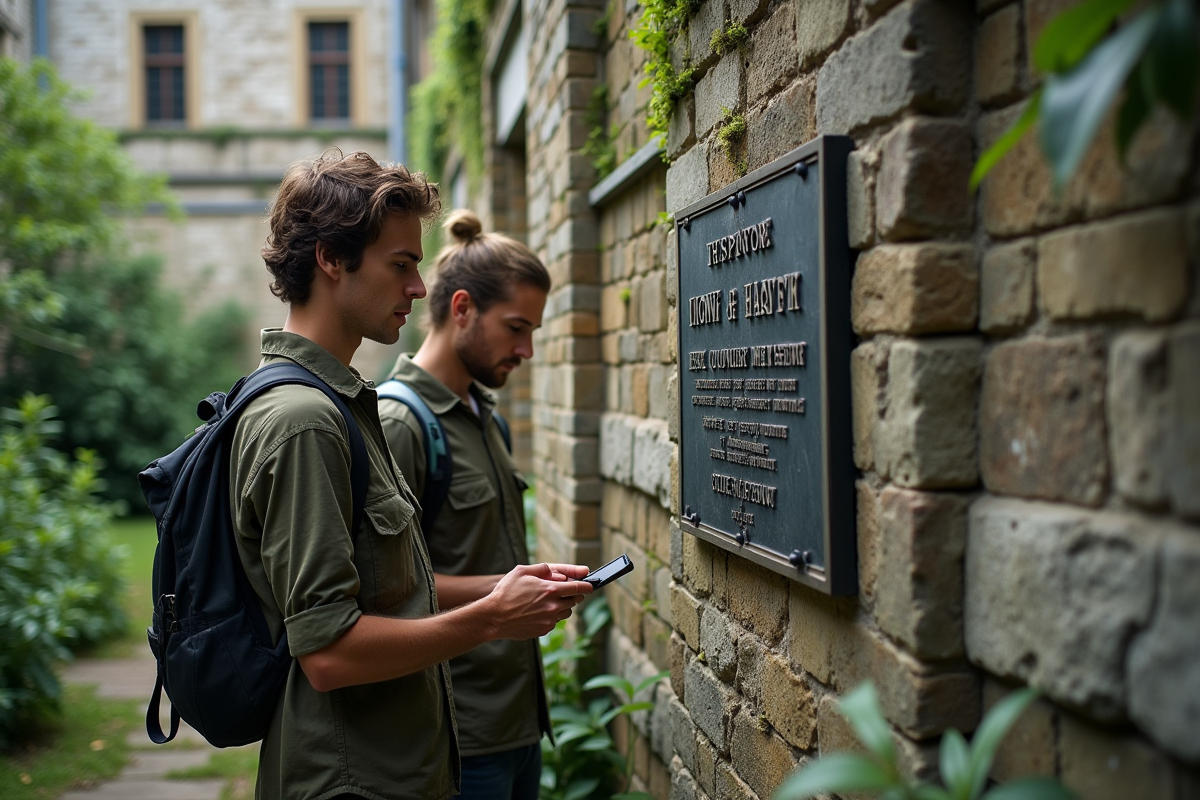 Jeunes chercheurs observant une plaque industrielle sur un mur en pierre