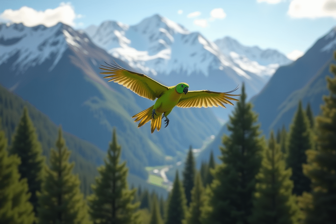 Perroquet kea en vol au-dessus des forêts vertes et montagnes enneigées en Nouvelle-Zélande