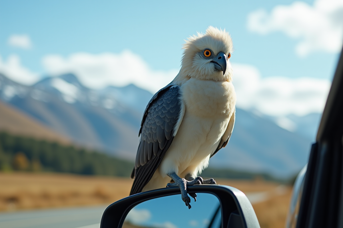 Kea perché sur un miroir de voiture dans un parking alpin en Nouvelle-Zélande