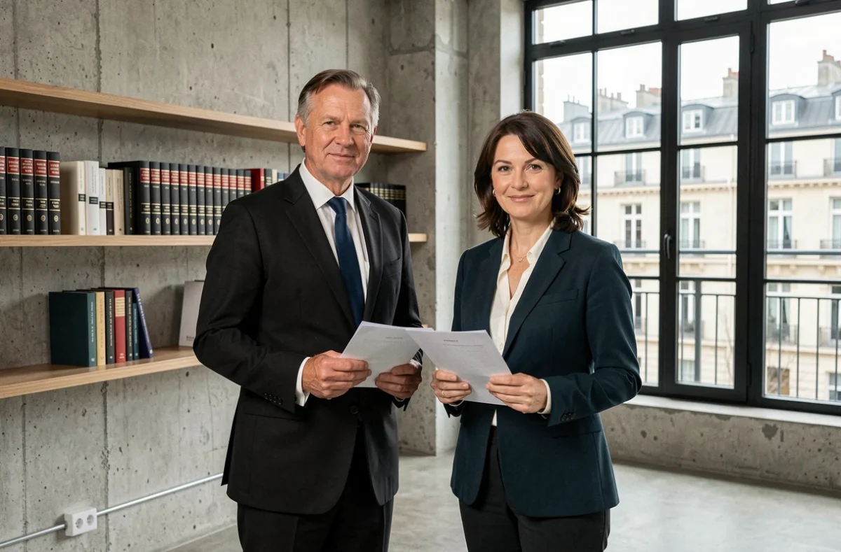 Deux avocats associés de Kohen Avocats à Aubervilliers debout dans un bureau moderne à murs en béton, tenant des documents juridiques