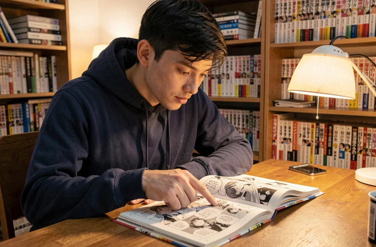 Jeune homme lisant un tome de manga One Piece sur son bureau avec des étagères de mangas en arrière-plan