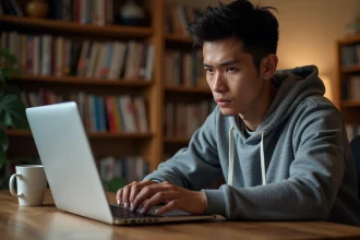 Jeune homme lisant des mangas en ligne sur un ordinateur portable depuis son bureau à domicile de manière sécurisée