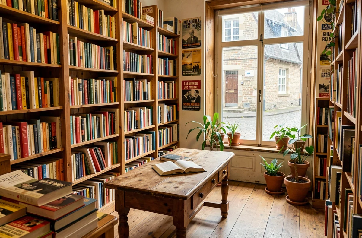 Intérieur d'une librairie indépendante normande avec des étagères en bois chargées de livres et une ambiance chaleureuse