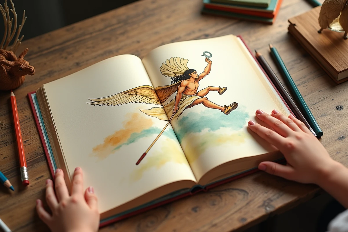 Un livre illustré pour enfants ouvert sur la mythologie grecque d'Hermès posé sur une table en bois