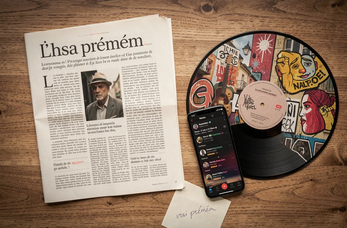 Pose à plat d'un magazine de musique française, d'un vinyle et d'un smartphone montrant des streams, évoquant la notoriété et le vrai prénom de Jul
