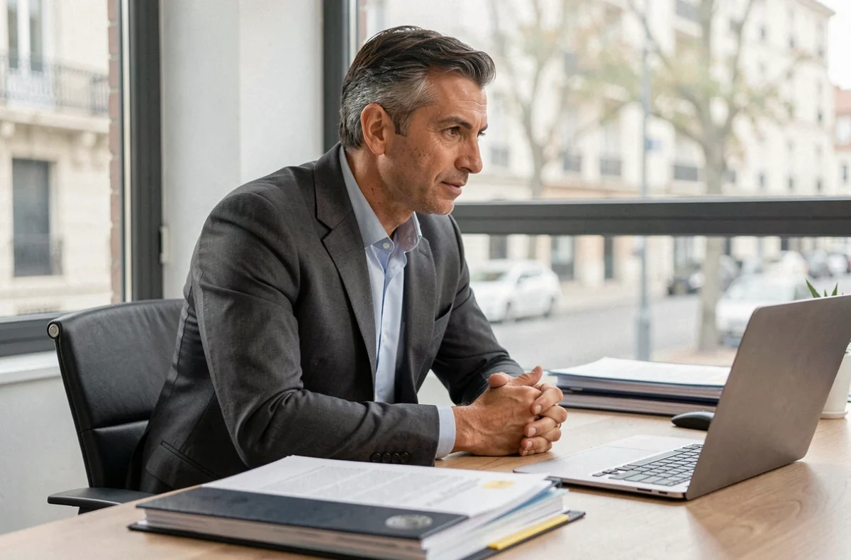 Maître Aris Sabatakakis, avocat, assis à son bureau moderne avec des dossiers juridiques, dans son cabinet à Aubervilliers