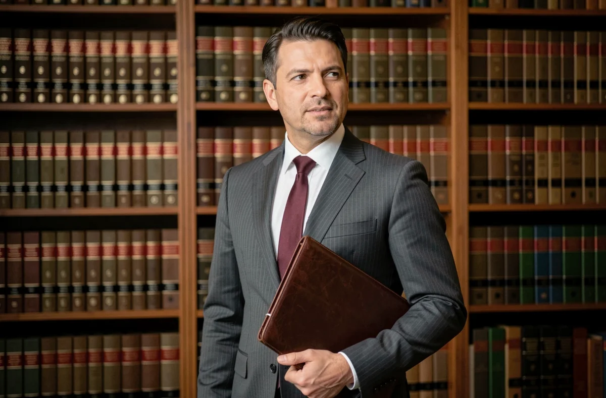 Portrait professionnel de Maître Idriss Turchetti, avocat en costume gris anthracite, debout devant une bibliothèque juridique dans son cabinet