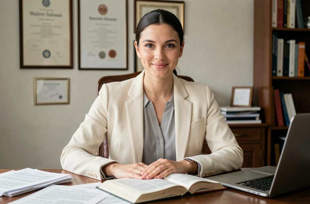 Portrait de Maître Salomé Bensaadi, avocate en blazer crème, assise à son bureau avec des documents juridiques et un code de loi ouvert