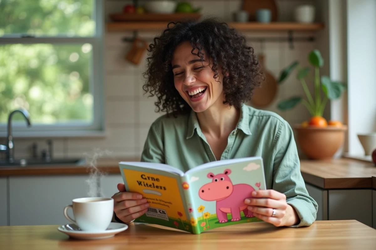Maman souriante lisant un livre illustré avec un personnage d'hippopotame à une table de cuisine
