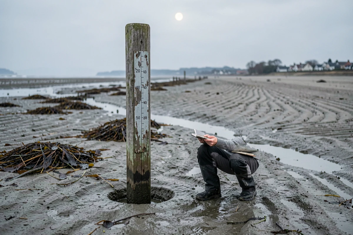 Femme étudiant un marégraphe sur une vasière découverte lors d'une marée basse de pleine lune, avec la lune encore visible dans le ciel diurne