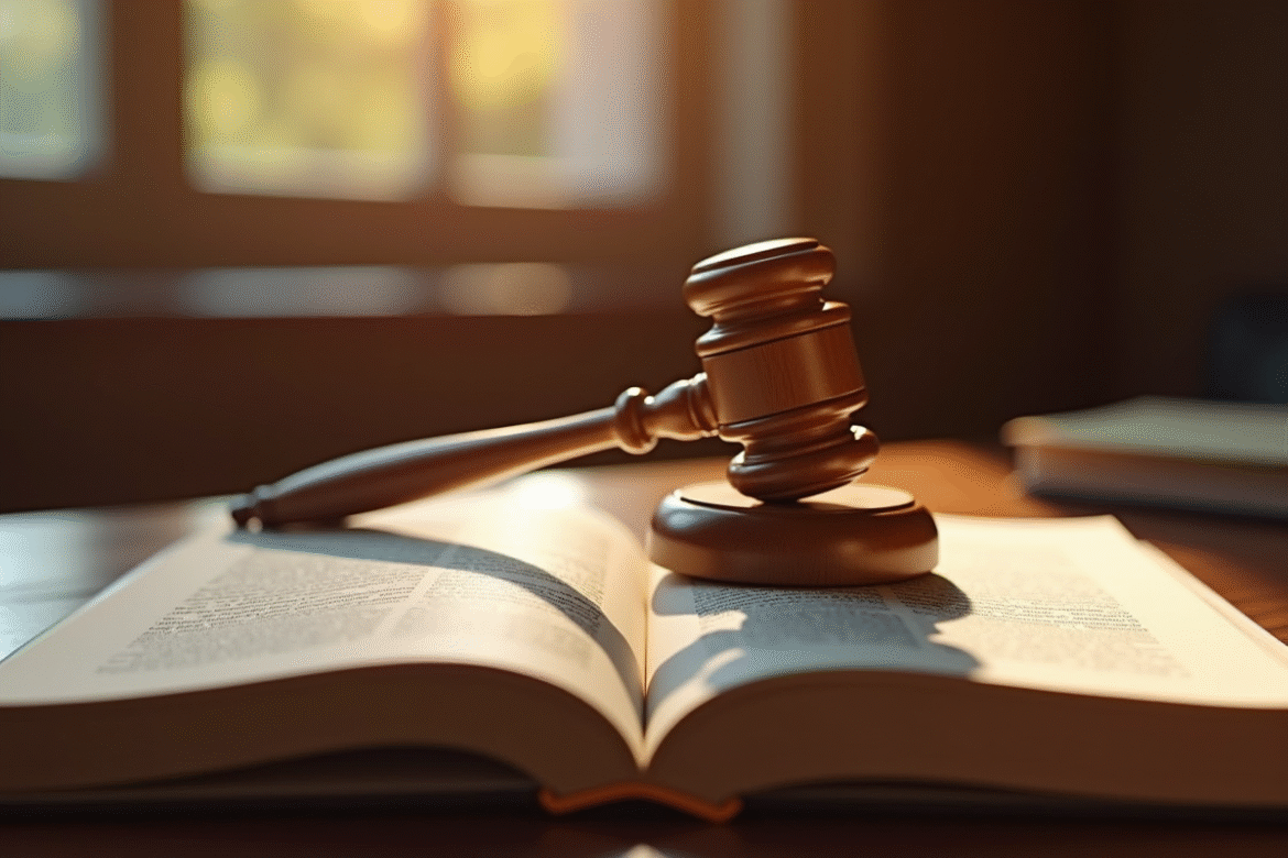 Marteau de justice en bois sur un livre ouvert