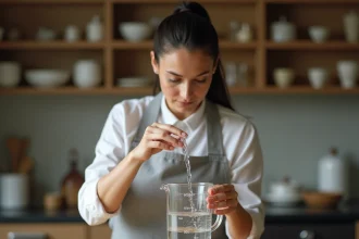 Femme mesurant un volume d'eau dans un pichet gradué en millilitres et litres sur un plan de travail en bois