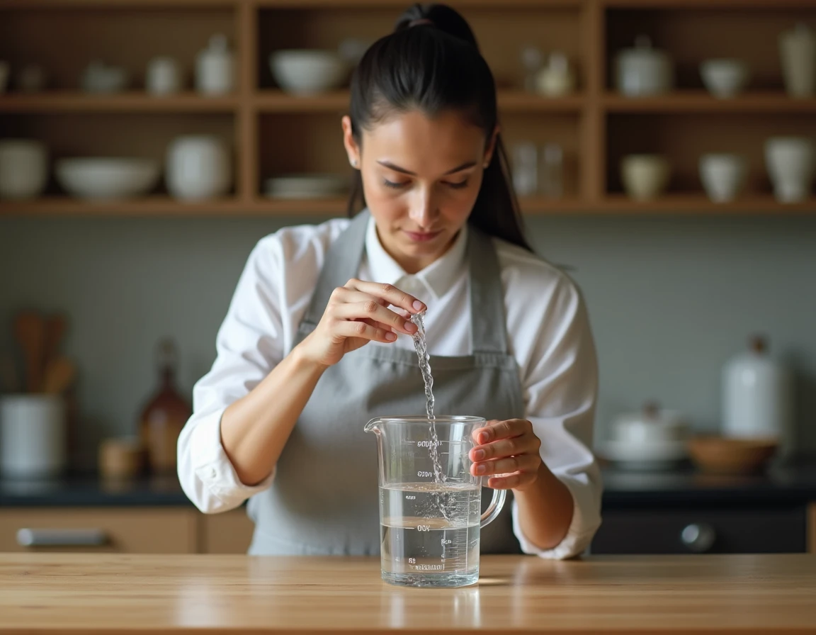 Femme mesurant un volume d'eau dans un pichet gradué en millilitres et litres sur un plan de travail en bois