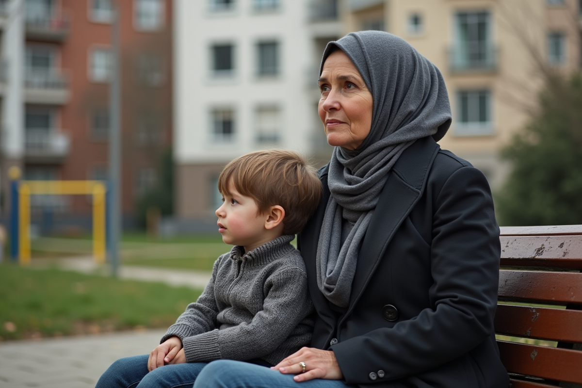 Mère et enfant assis dans un parc urbain européen