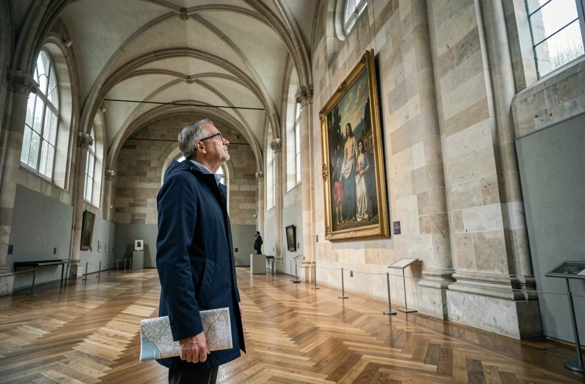 Visiteur explorant un musée toulousain sous la pluie, galerie aux hauts plafonds voûtés et parquet en chevrons