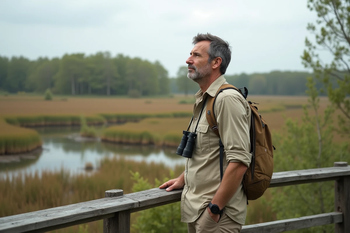 Homme observant la nature depuis une plateforme en bois dans la réserve naturelle rhénane près de Strasbourg