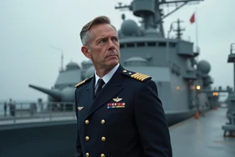 Officier de marine française en uniforme de cérémonie avec galons dorés sur le pont d'un navire de guerre