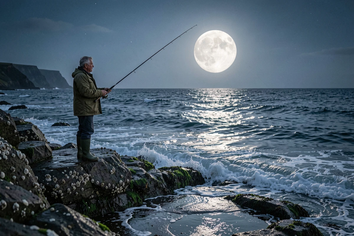 Pêcheur solitaire au bord d'une côte rocheuse sous une pleine lune, reflétant la lumière lunaire sur l'océan lors d'une grande marée nocturne