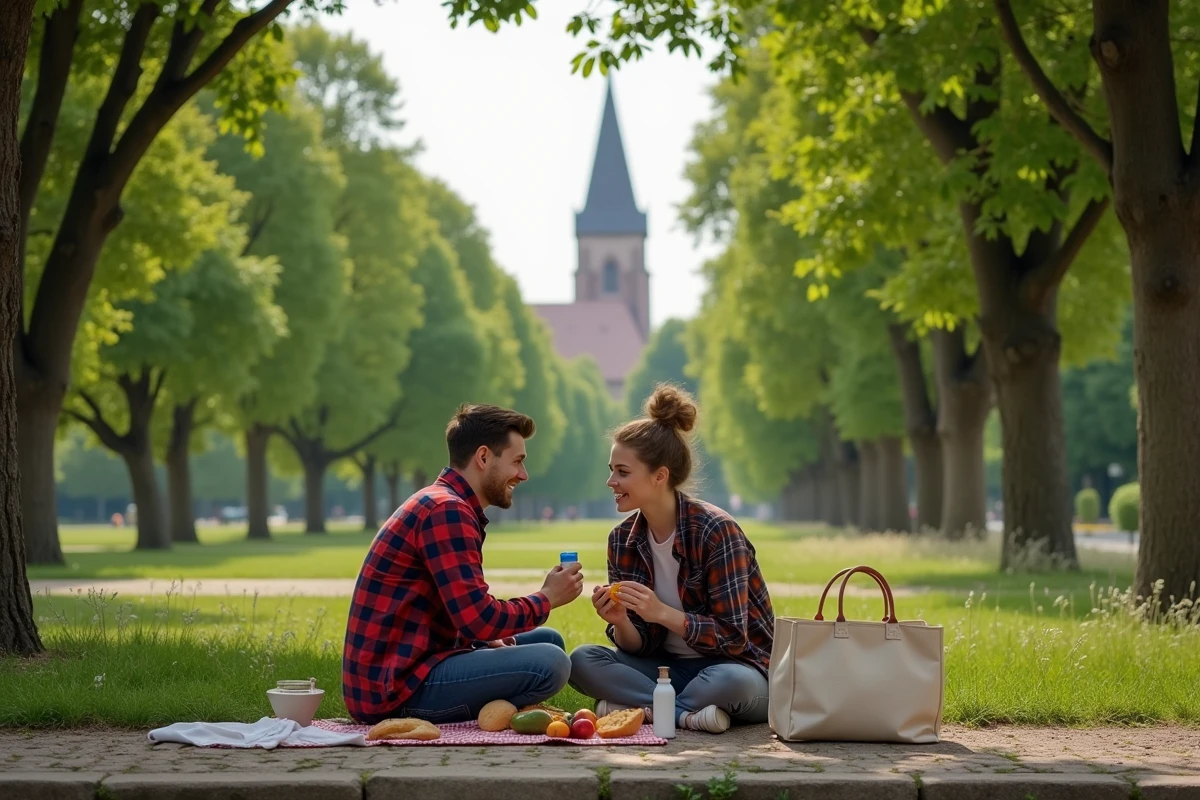 Couple pique-niquant dans un parc verdoyant de Strasbourg avec la cathédrale en arrière-plan
