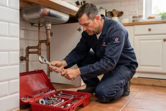 Plombier professionnel en intervention sous un évier dans un appartement de Marseille, réparant des tuyaux en cuivre avec une clé réglable