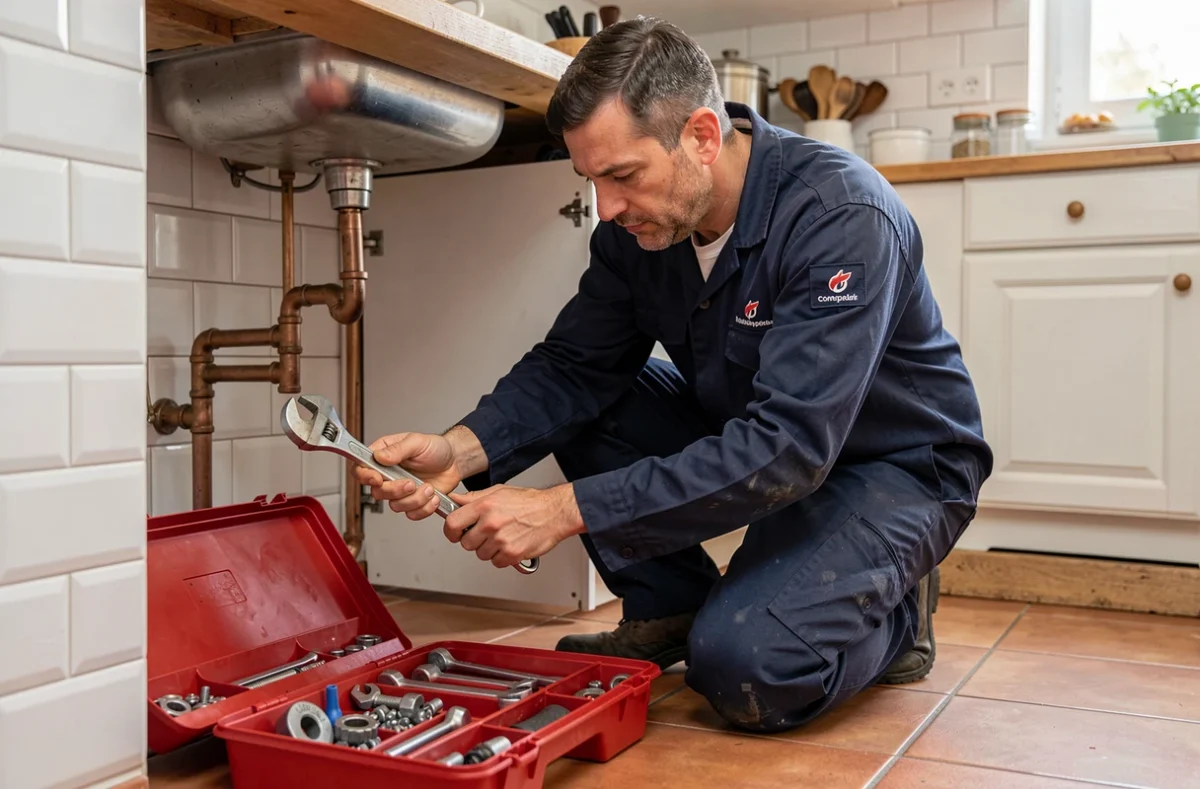 Plombier professionnel en intervention sous un évier dans un appartement de Marseille, réparant des tuyaux en cuivre avec une clé réglable