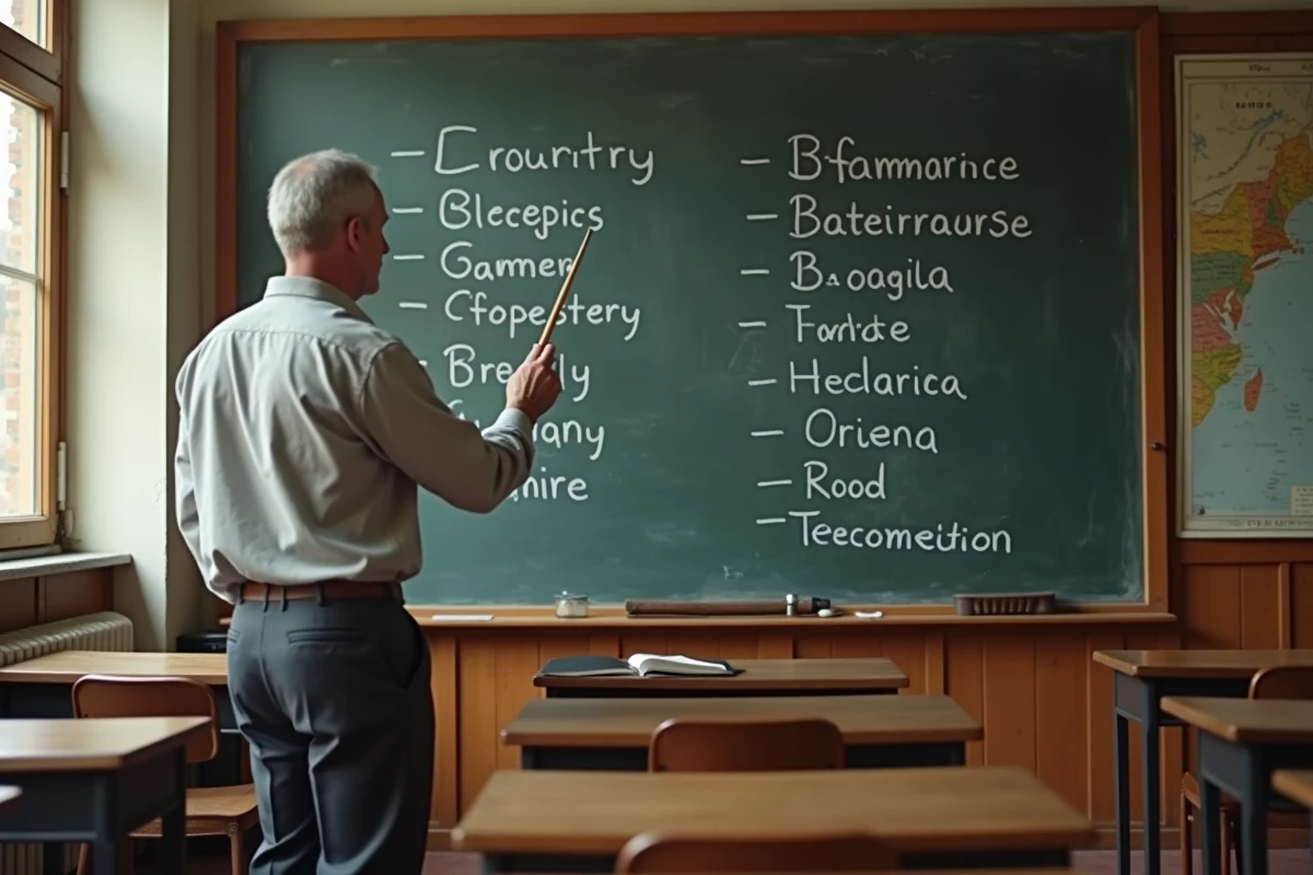 Professeur de géographie devant un tableau noir listant des capitales mondiales pour un cours éducatif