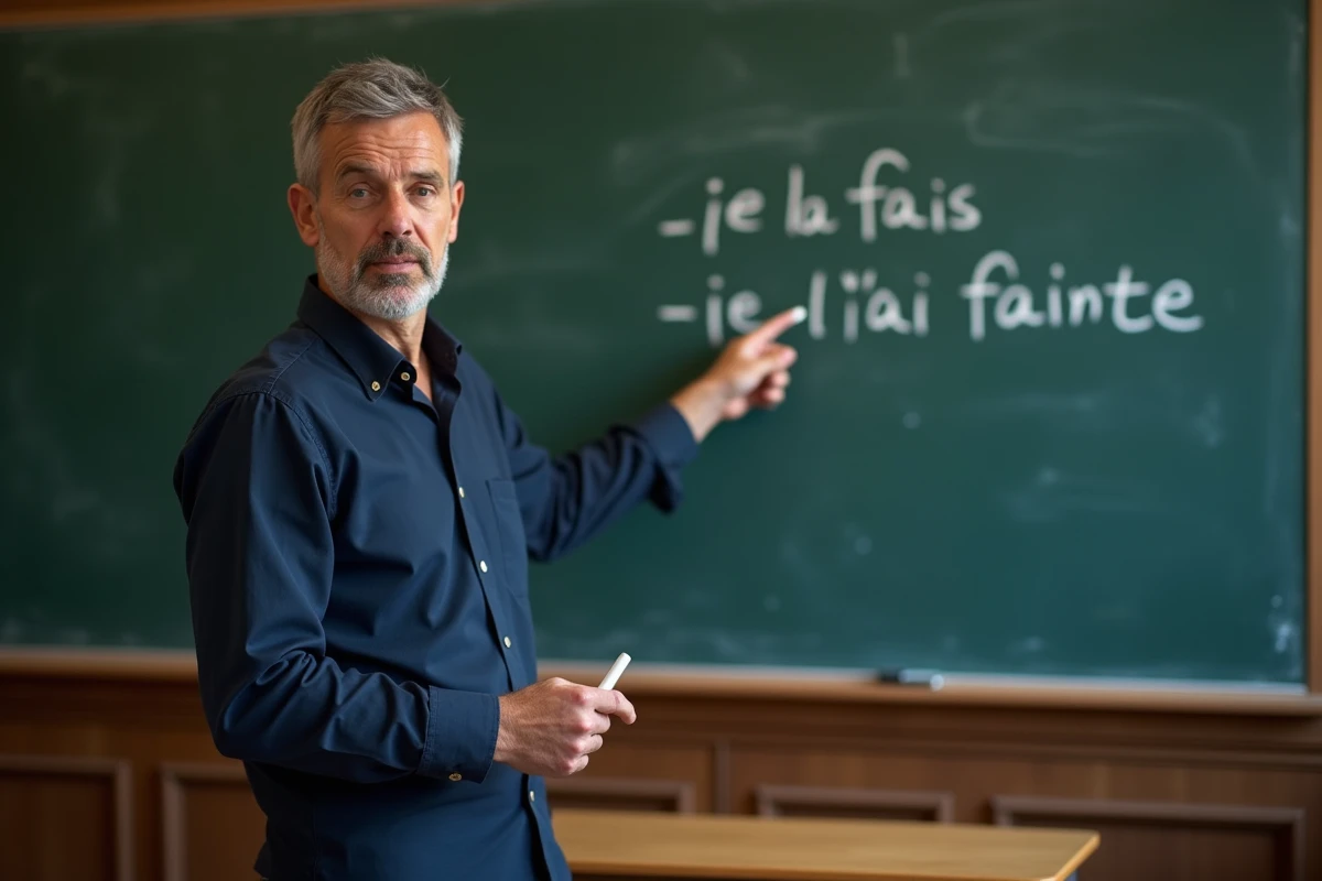 Professeur de français expliquant l'accord du COD devant un tableau avec des exemples de phrases 'je la fais' et 'je l'ai faite'