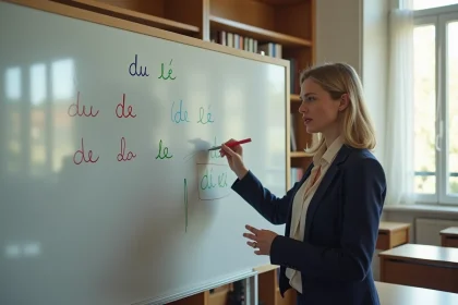 Professeure de français expliquant l'évolution du partitif 'de la' devant un tableau blanc en salle de classe moderne en 2026