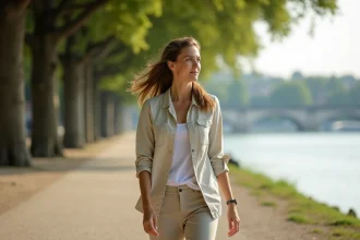 Femme se promenant le long du Rhin à Strasbourg sur un chemin arboré en bord de fleuve