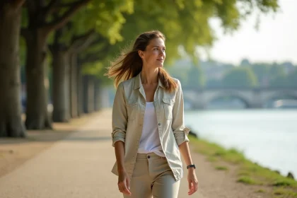 Femme se promenant le long du Rhin à Strasbourg sur un chemin arboré en bord de fleuve