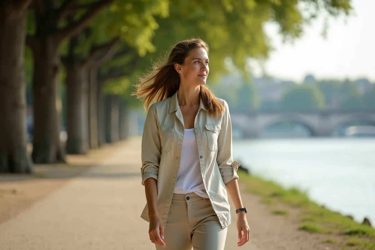 Femme se promenant le long du Rhin à Strasbourg sur un chemin arboré en bord de fleuve