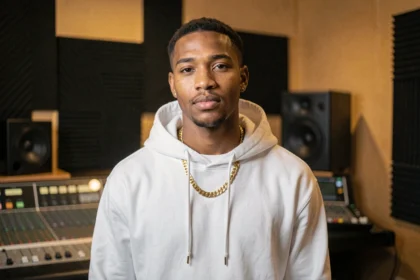 Rappeur français en studio d'enregistrement portant un hoodie blanc et une chaîne en or, illustrant l'univers musical de Jul et son vrai prénom
