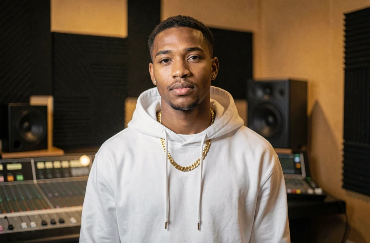 Rappeur français en studio d'enregistrement portant un hoodie blanc et une chaîne en or, illustrant l'univers musical de Jul et son vrai prénom