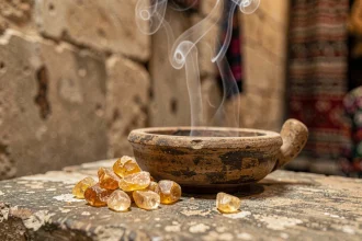 Morceaux de résine de louban dorée posés près d'un brûle-encens en bois sur une surface en pierre ancienne, avec une fine volute de fumée blanche
