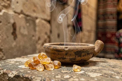 Morceaux de résine de louban dorée posés près d'un brûle-encens en bois sur une surface en pierre ancienne, avec une fine volute de fumée blanche