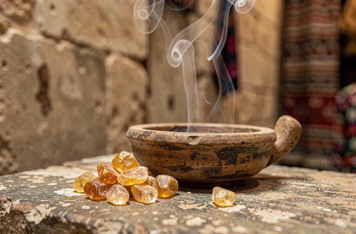 Morceaux de résine de louban dorée posés près d'un brûle-encens en bois sur une surface en pierre ancienne, avec une fine volute de fumée blanche