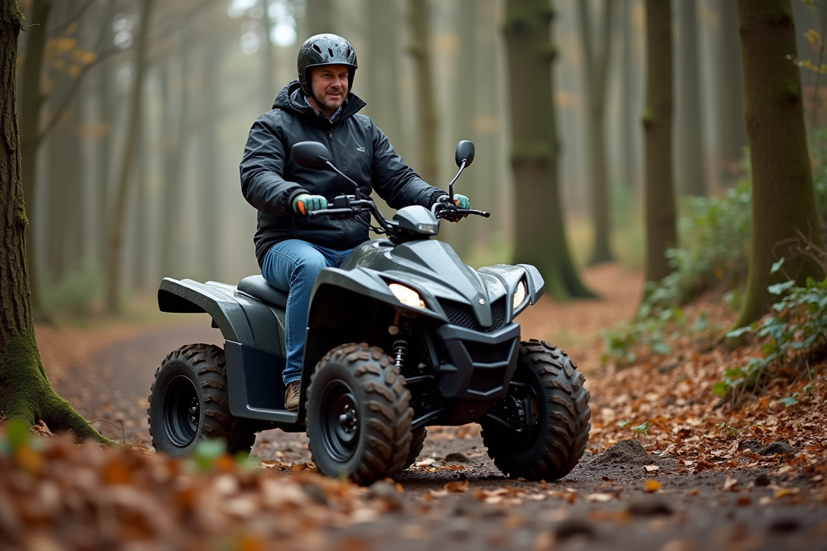 Homme en veste de pluie conduisant un quad en forêt automnale