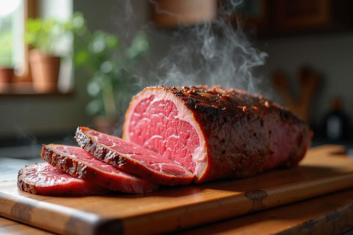 Rôti de boeuf à point tranché sur planche en bois