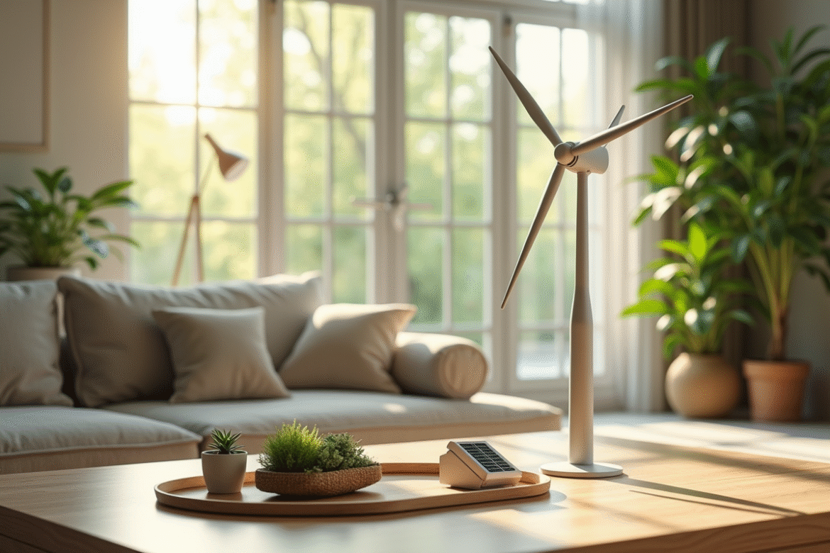 Salon moderne lumineux avec turbine et panneaux solaires