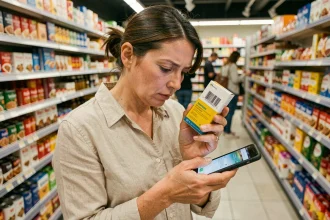 Femme scannant le code-barres d'un produit avec son smartphone dans un supermarché pour vérifier l'origine du produit