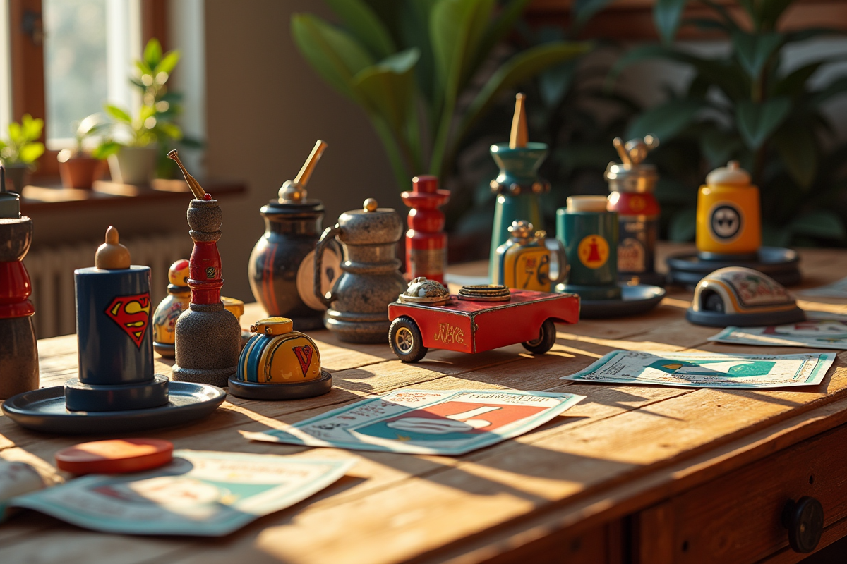 Objets et souvenirs de personnages L sur une table en bois