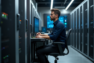 Jeune homme IT connecté aux serveurs en salle informatique