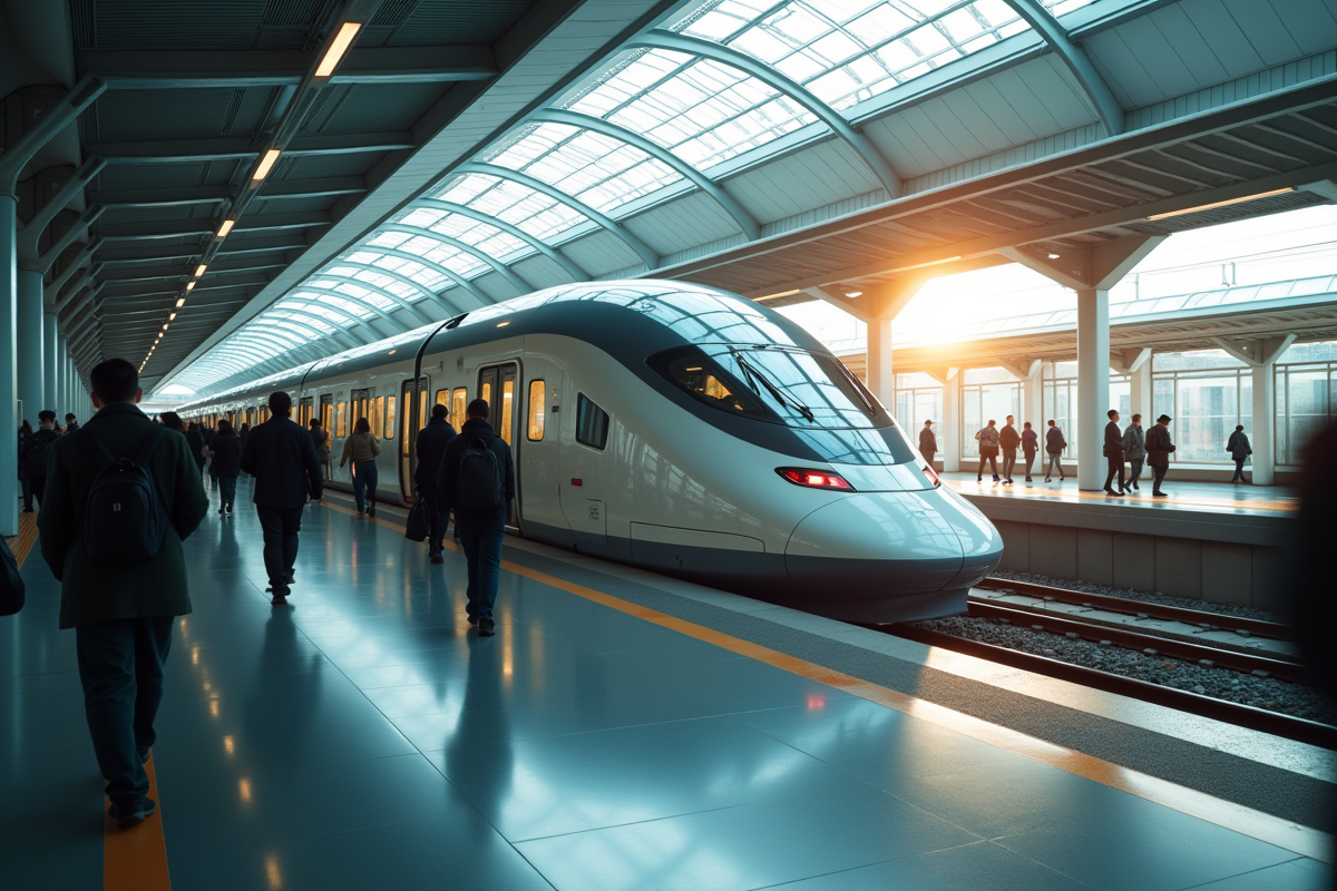 Station de train futuriste au Japon avec passagers en mouvement