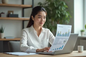 Femme entrepreneur analysant une stratégie de tarification de contenu numérique sur un ordinateur portable dans un bureau minimaliste