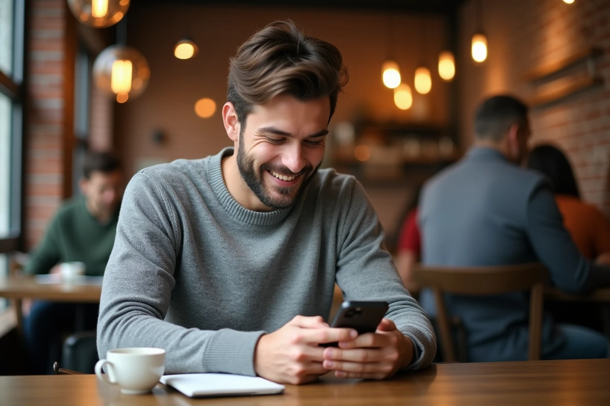 Jeune homme souriant tendrement en lisant un message affectueux sur son téléphone dans un café chaleureux