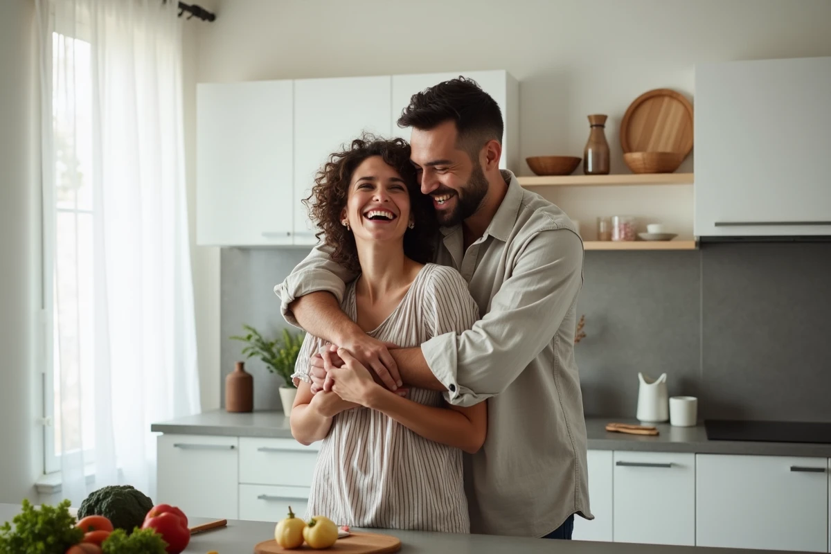 Couple complice et riant ensemble dans une cuisine moderne pendant la préparation d'un repas à deux