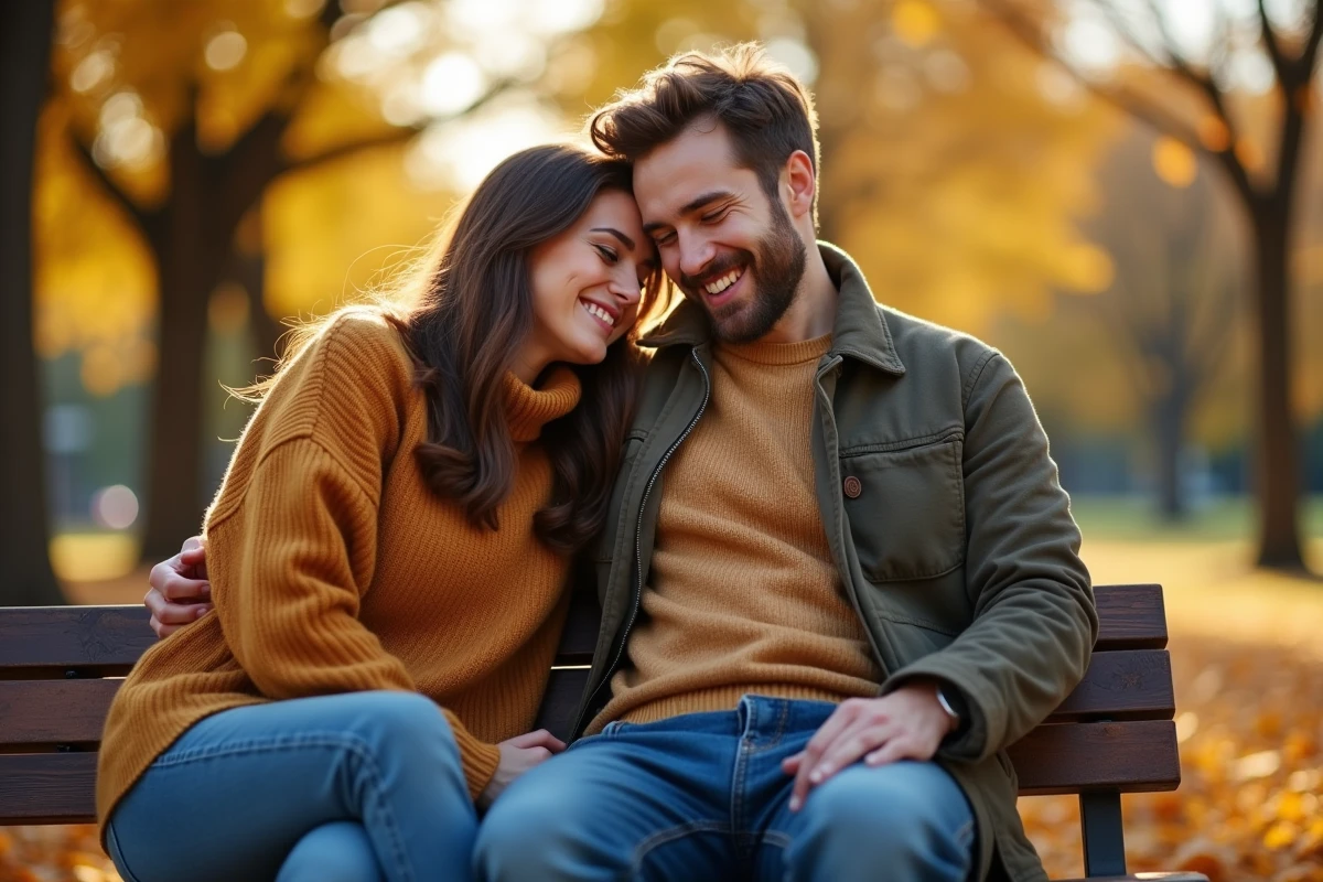 Couple complice sur un banc de parc en automne, femme appuyée tendrement sur l'épaule de son partenaire souriant