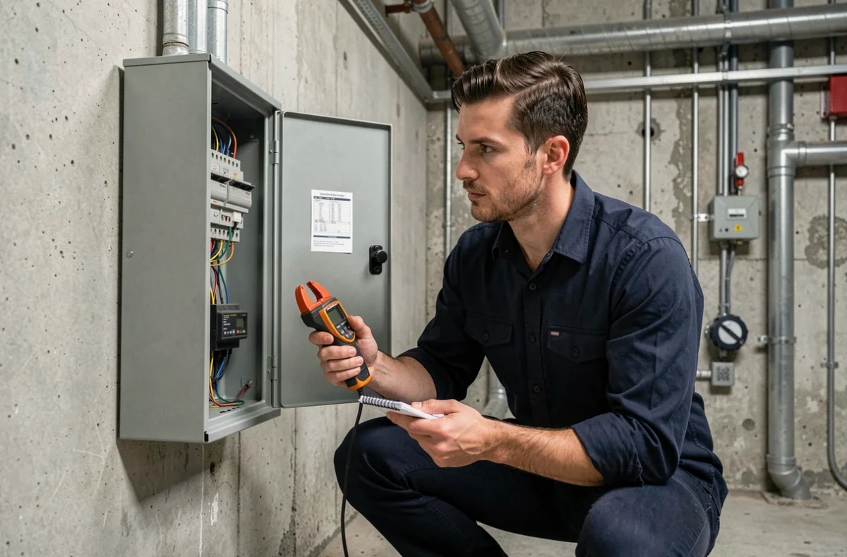 Technicien mesurant le courant électrique avec un ampèremètre pince devant un tableau électrique industriel